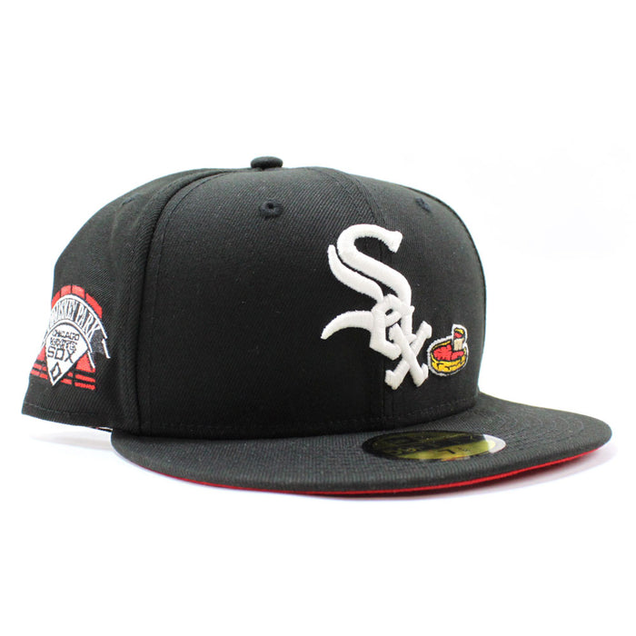 Chicago White Sox Deep Dish Comiskey Park Patch New Era Fitted 59Fifty Hat (Glow in the Dark Logo Black Red Under Brim)