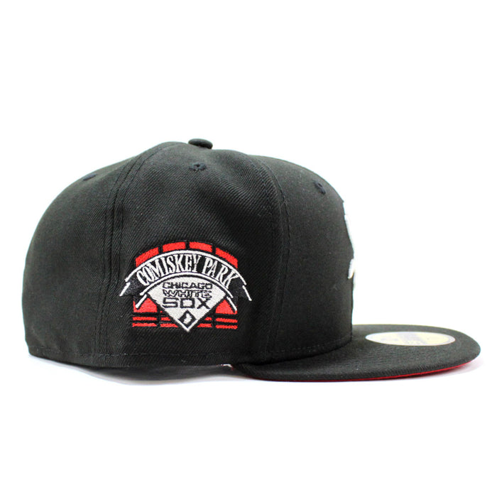 Chicago White Sox Deep Dish Comiskey Park Patch New Era Fitted 59Fifty Hat (Glow in the Dark Logo Black Red Under Brim)