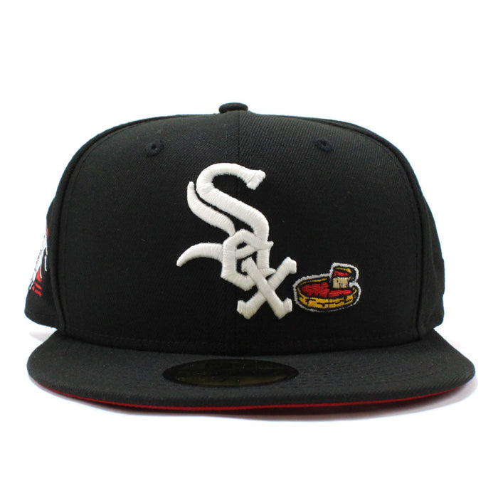 Chicago White Sox Deep Dish Comiskey Park Patch New Era Fitted 59Fifty Hat (Glow in the Dark Logo Black Red Under Brim)