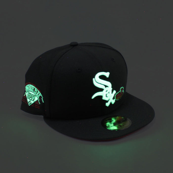 Chicago White Sox Deep Dish Comiskey Park Patch New Era Fitted 59Fifty Hat (Glow in the Dark Logo Black Red Under Brim)