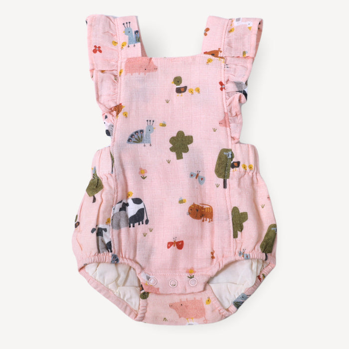 Organic Farm Ruffle Criss Cross Short Romper for Baby Girls