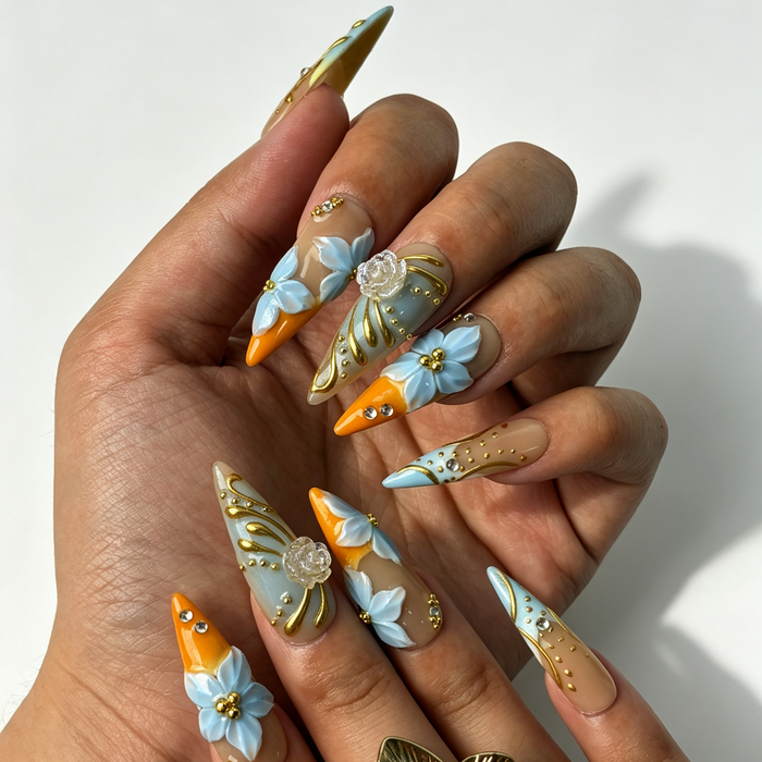 Nude blue‑orange gradient long stiletto reusable false nails handmade salon style