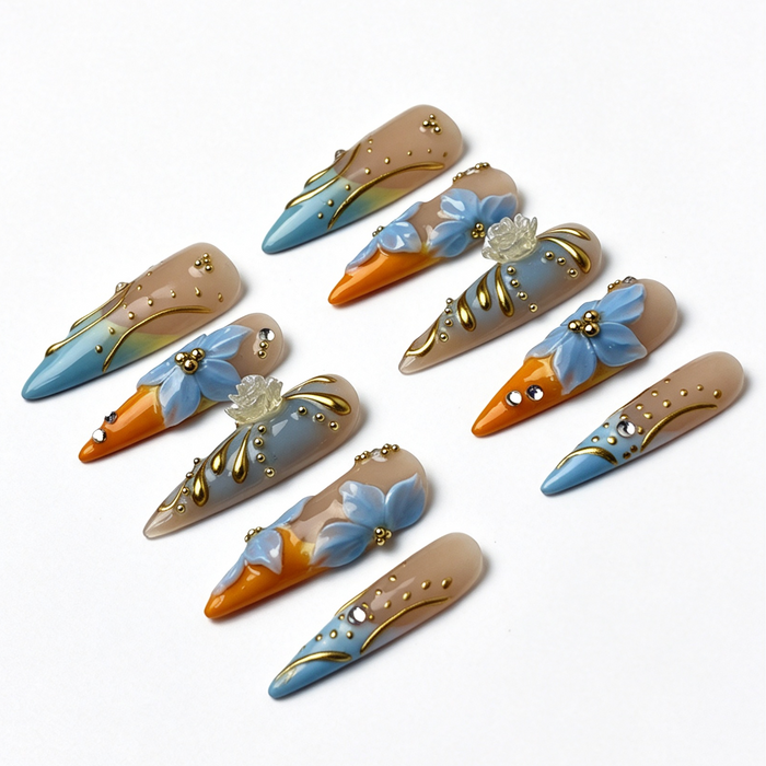 Full set Citrus Aqua stiletto press‑on nails false nails layout