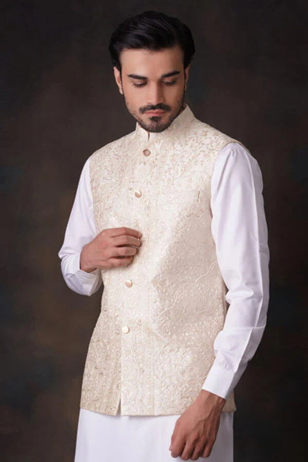 Classic Cream and Gold Embroidered Waistcoat.