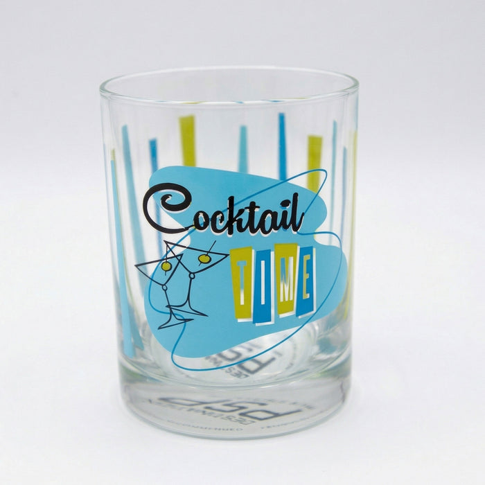 Clear glass tumbler with 'Cocktail Time' design on a white background