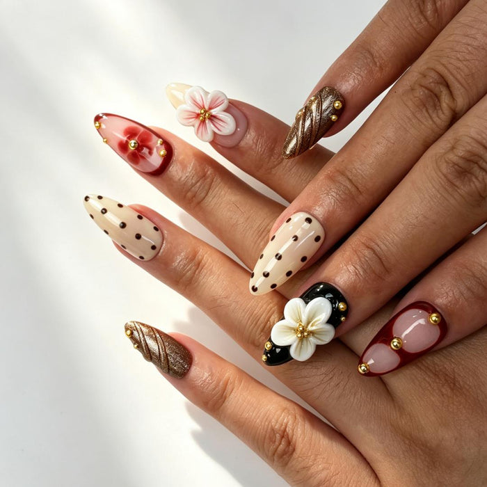 Vintage polka dot 3D flower almond press‑on nails on hand