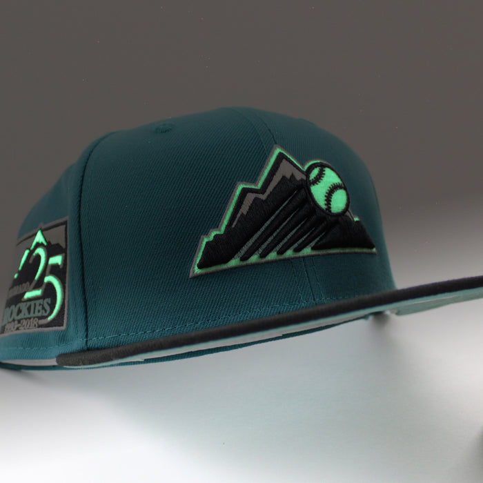 Colorado Rockies 25th Anniversary New Era 59Fifty Fitted Hat (GITD Aqua Black Mint Under Brim)
