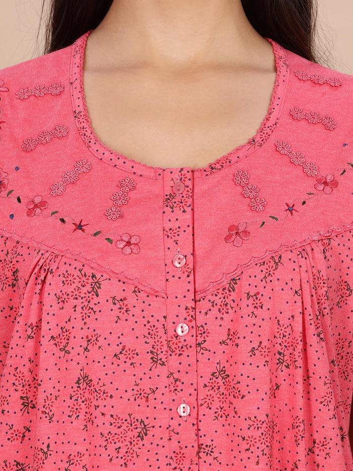 Coral Pink Printed Cotton Blend Nighty for Women