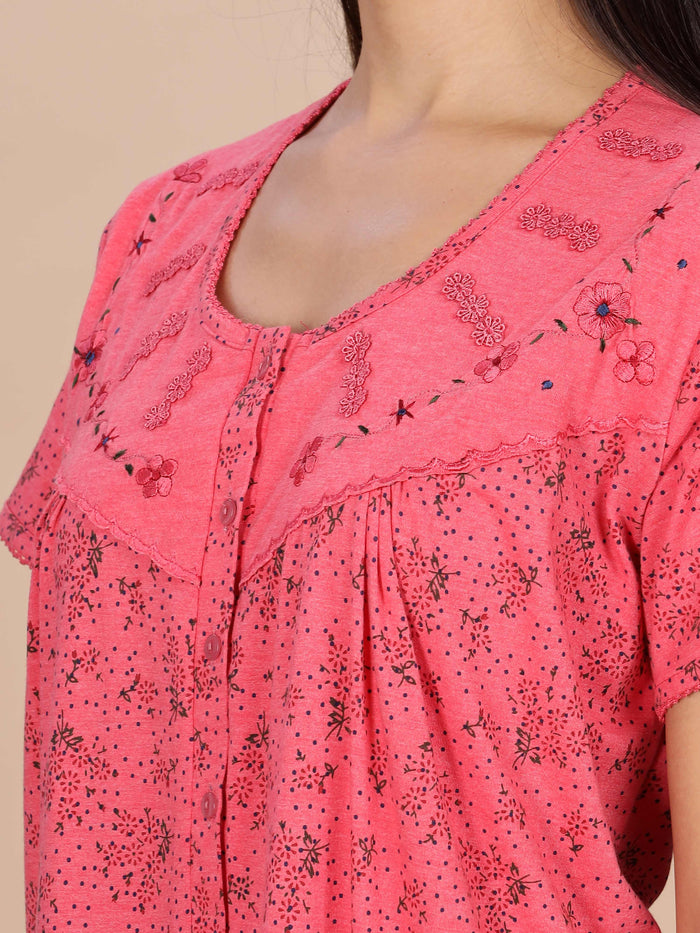 Coral Pink Printed Cotton Blend Nighty for Women