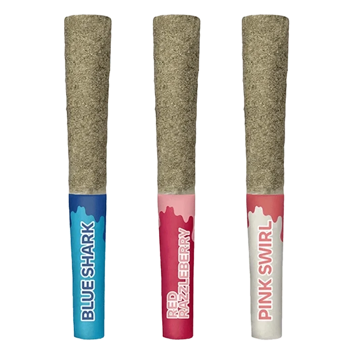 Three upright kief-coated pre-rolls shown head-on, labeled Corner Store Kief Coated Liquid Diamond Infused PR 3 x 0.5 g with blue, pink, and red filter bands.