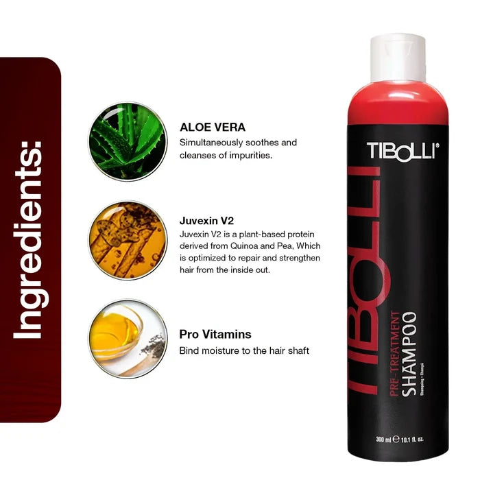Tibolli Pre-Treatment Shampoo 300 ml bottle beside its ingredients panel: Aloe Vera, Juvexin V2 and Pro Vitamins