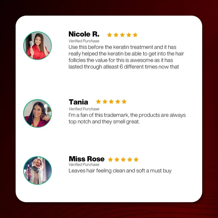 Three five-star verified reviews praising a shampoo used before keratin treatment for its scent and clean, soft results