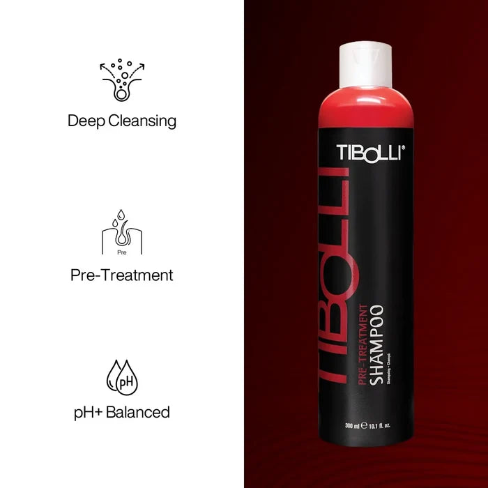 Tibolli Pre-Treatment Shampoo 300 ml black bottle on deep red, with Deep Cleansing, Pre-Treatment and pH+ Balanced icons