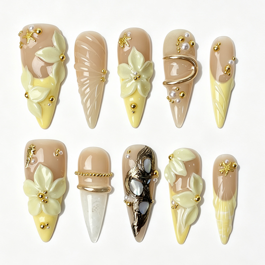 Long stiletto press‑on nails, cream nude gradient ivory flower gold‑line minimal elegant fake nails