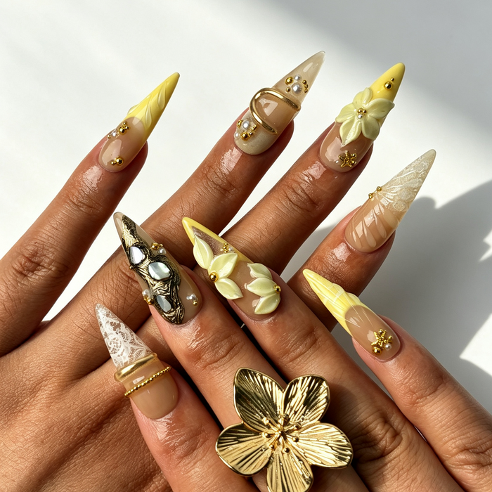 Cream Bloom minimal stiletto press‑on nails on‑hand, soft elegant formal manicure