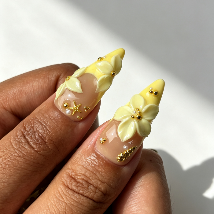 Glossy cream bloom press‑on nails daily formal wear look