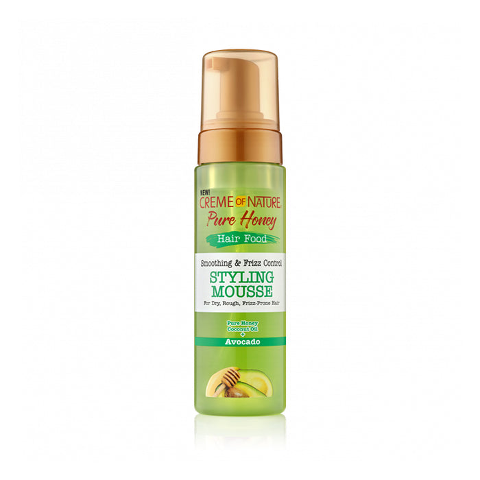 CREME OF NATURE Pure Honey styling mousse in green pump bottle avocado scent hair smoothing mousse for frizz control