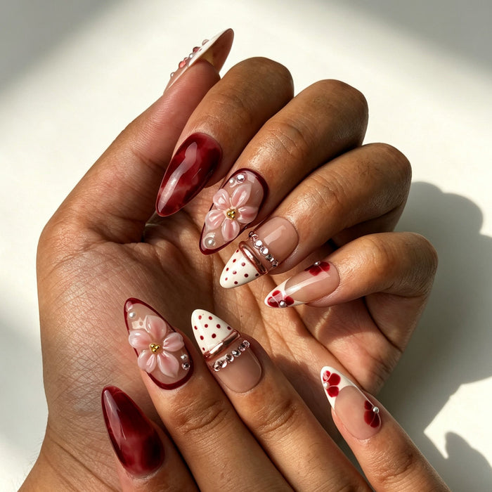 Elegant Crimson Bloom press on nails dating gathering stylish manicure