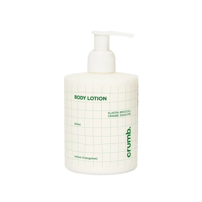 Crumb Body Lotion Vetiver & Bergamot bottle with pump on a white background, featuring the brand 'crumb'.