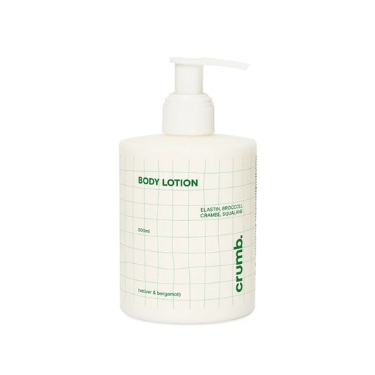 Crumb Body Lotion Vetiver & Bergamot bottle with pump on a white background, featuring the brand 'crumb'.