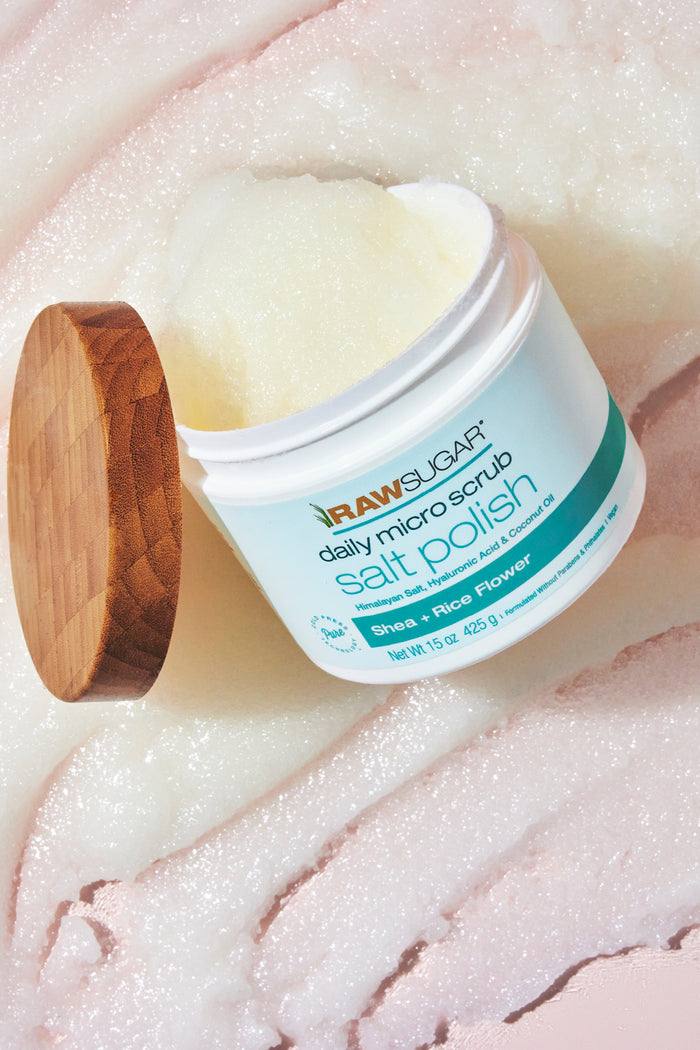 shea and rice flower salt polish sitting on goop