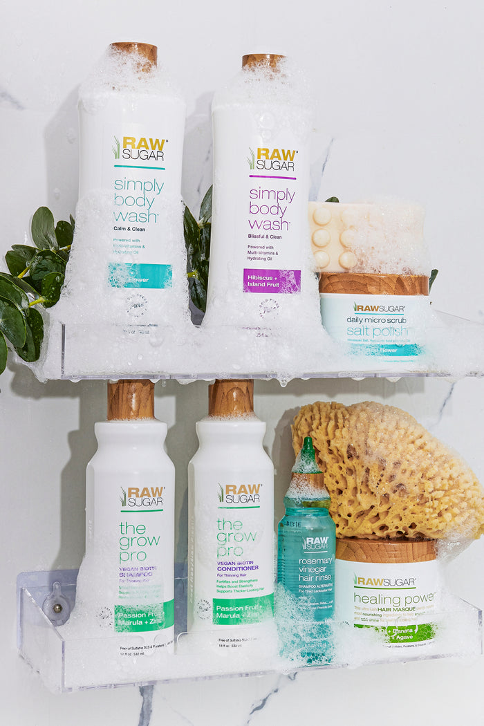 shower caddy with sulfate free shampoo and personal care products