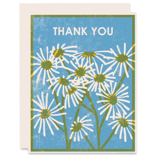 Thank you garden card with blue daisy background and white lettering