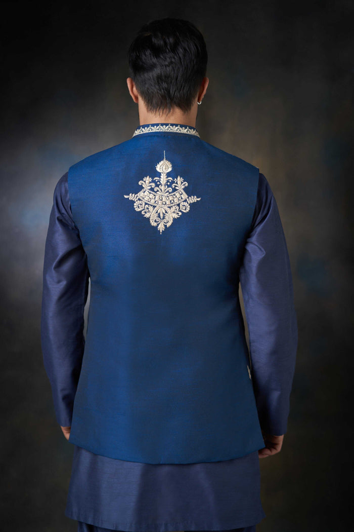 Dark Azure Blue Handcrafted Embroidered Waistcoat