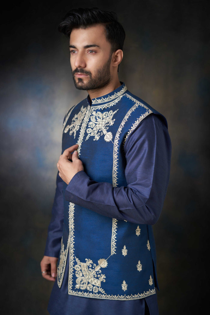 Dark Azure Blue Handcrafted Embroidered Waistcoat