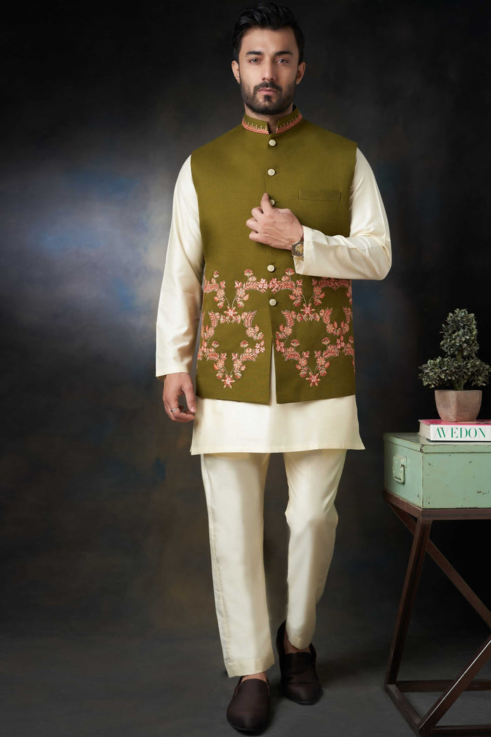 Dark Olive Green Handcrafted Embroidered Waistcoat