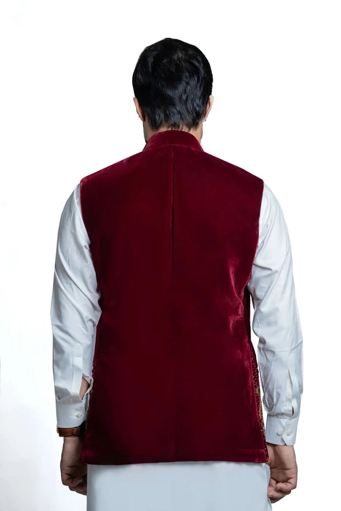 Deep Maroon Velvet Waistcoat with Gold Zardozi Embroidery