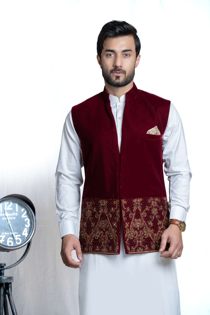 Deep Maroon Velvet Waistcoat with Gold Zardozi Embroidery