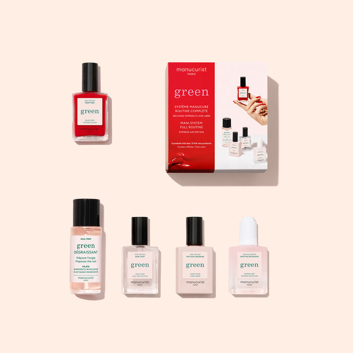 Manucurist’s Discovery Kit features five Green manicure products—including gel-effect, plant-based nail polish, base coat, top coat, remover, and a treatment—arranged on a light peach background.