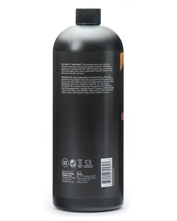 View of the back label of Norvell Double Dark, Professional Spray Tan Solution 34oz Bottle on a white background