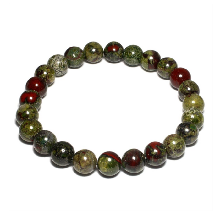 Bloodstone and gold-plated silver bracelet with 10mm bloodstone beads, showcasing deep green hues and red specks, handcrafted elegance.