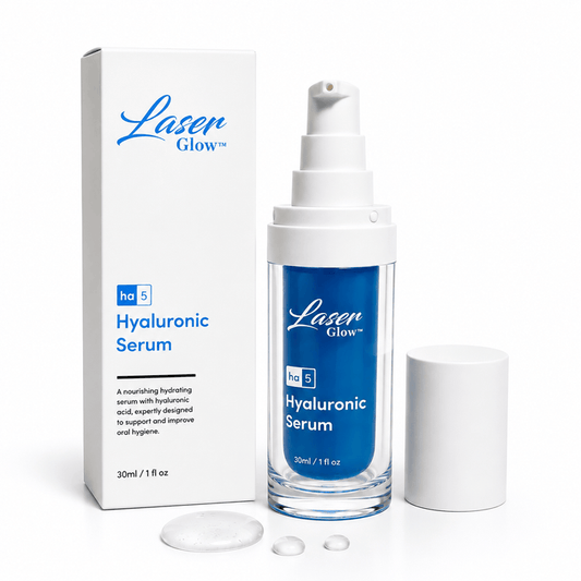 LaserGlow hyaluronic acid oral hydrating serum bottle and box for dry mouth care