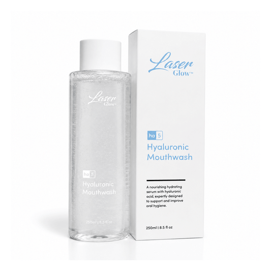 LaserGlow hyaluronic acid dry mouth mouthwash bottle and box