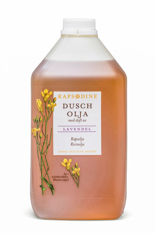 Svensk, ekologisk och vegansk duscholja, 2,5 liter refill från Rapsodine