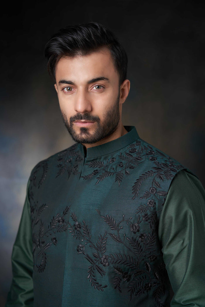 Emerald Green Handcrafted Embroidered Waistcoat