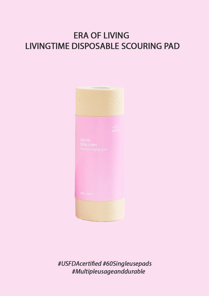 A roll of Era of Living Livingtime Disposable Scouring Pad with pink and white packaging.