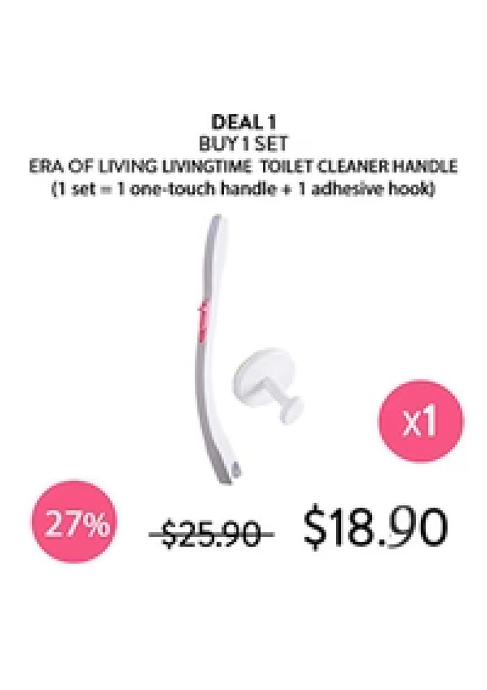 A white one-touch toilet cleaner handle with a small pink accent and a white suction cup, shown on a white background with promotional text and price details.
