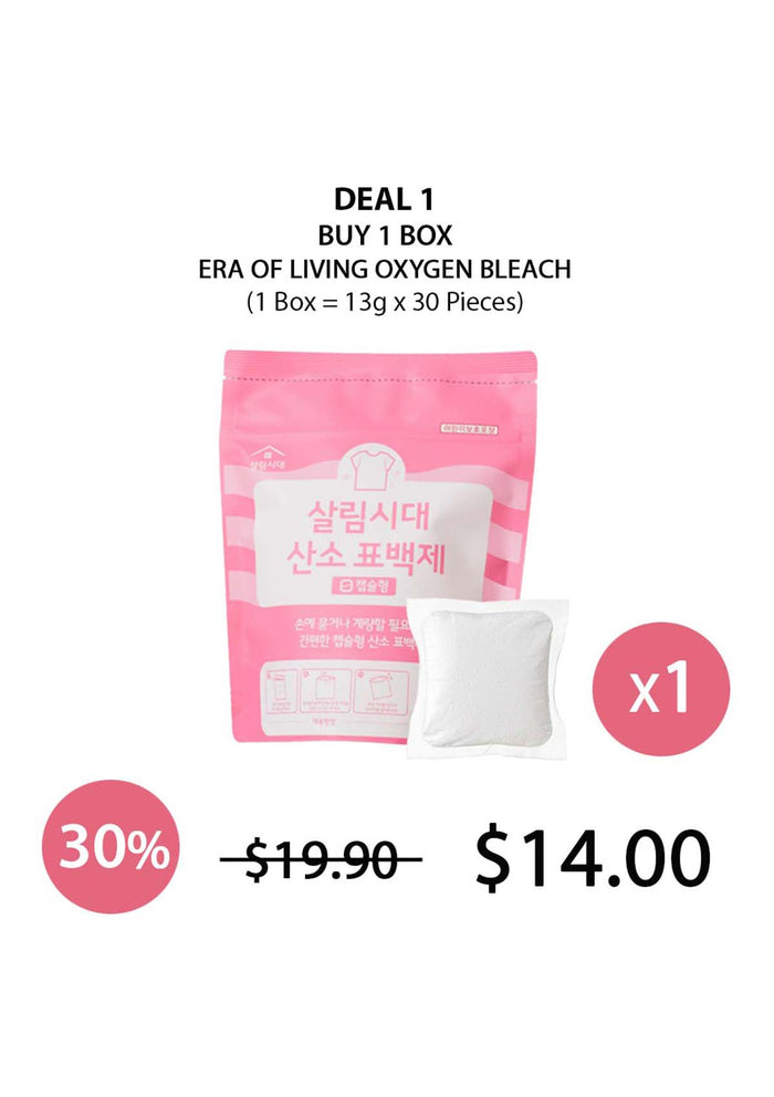 Pink packaging of Era of Living Oxygen Bleach with a white packet on a white background, featuring a discount offer.
