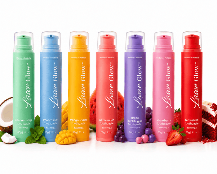 LaserGlow seven flavor whitening toothpaste collection with coconut whip, smooth mint, mango sorbet, watermelon, grape bubble gum, strawberry, and red velvet