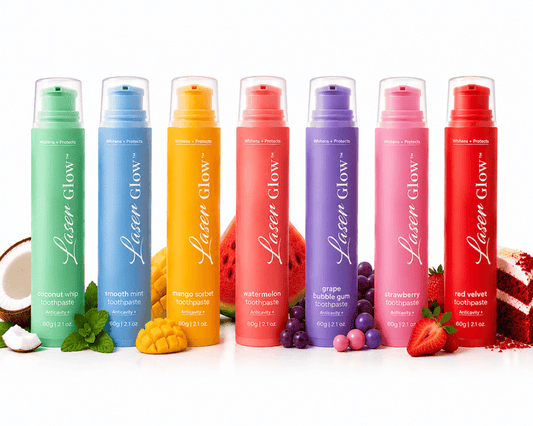 LaserGlow seven flavor whitening toothpaste collection with coconut whip, smooth mint, mango sorbet, watermelon, grape bubble gum, strawberry, and red velvet