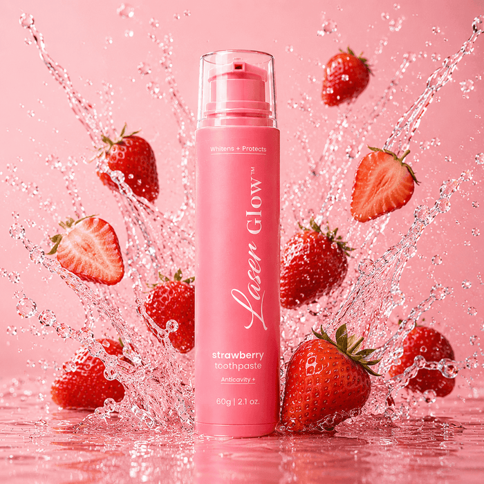 LaserGlow strawberry flavored whitening toothpaste with strawberries and water splash