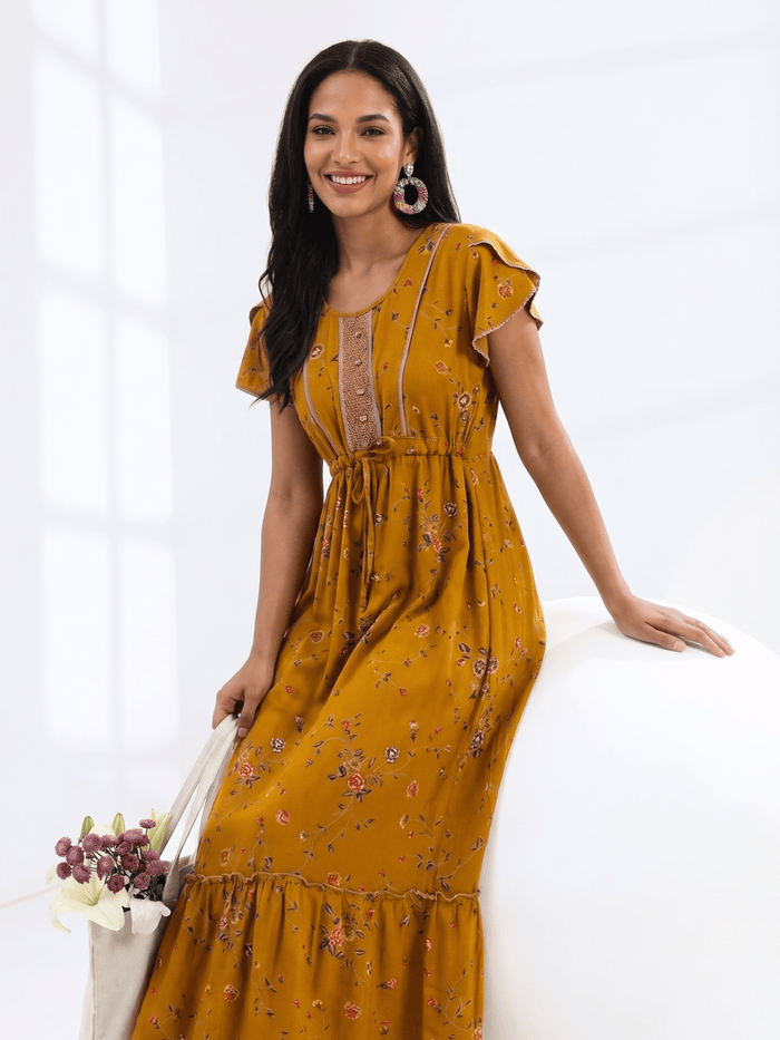 Floret Mustard Alpine Designer Nighty for Women with Frock Fit