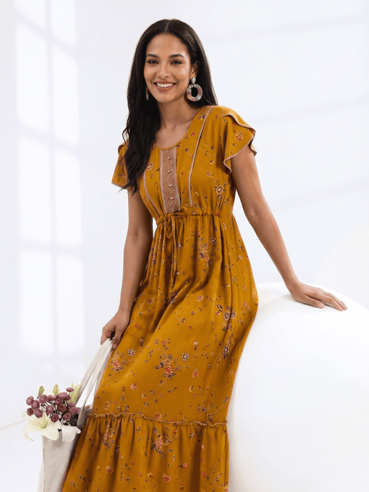 Floret Mustard Alpine Designer Nighty for Women with Frock Fit