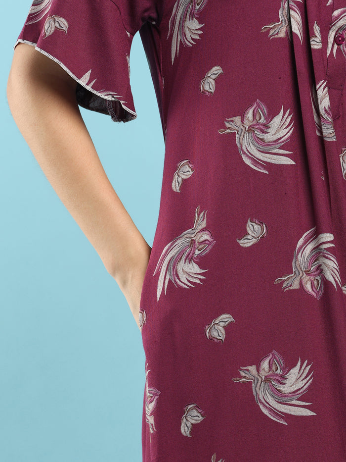 Floret Purple Floral Pleated Designer Nighty for Women