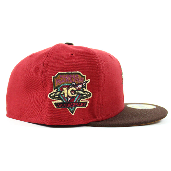Florida Marlins 10th Anniversary New Era 59Fifty Fitted Hat (PINOT RED BURNT WOOD POLY TOASTED Under brim)