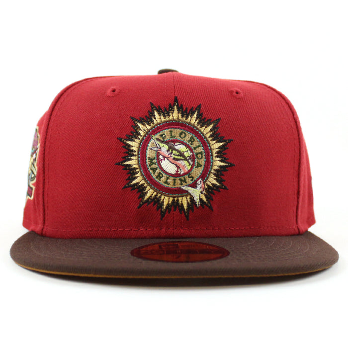 Florida Marlins 10th Anniversary New Era 59Fifty Fitted Hat (PINOT RED BURNT WOOD POLY TOASTED Under brim)